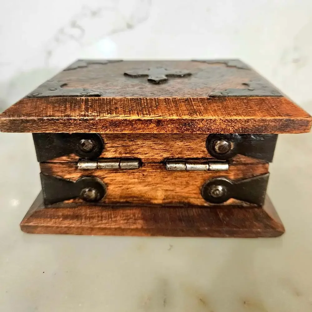 Handcrafted Rustic Wooden Trinket Box with Decorative Metal Accents